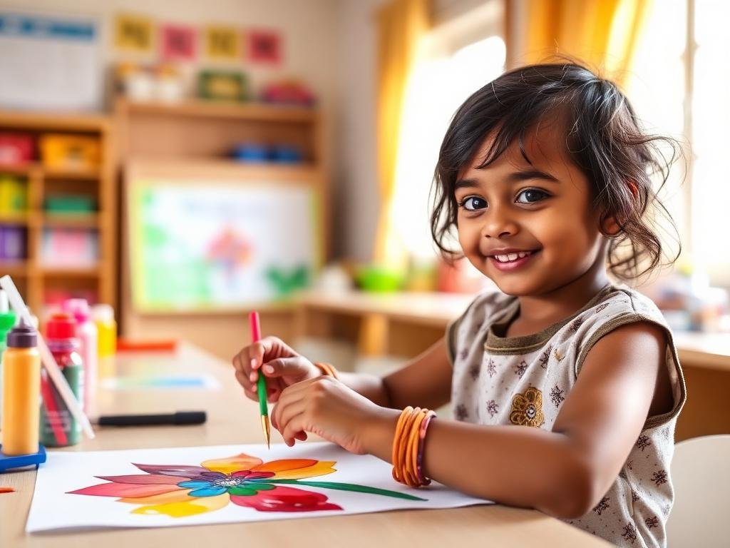 Child painting a flower during an art activity