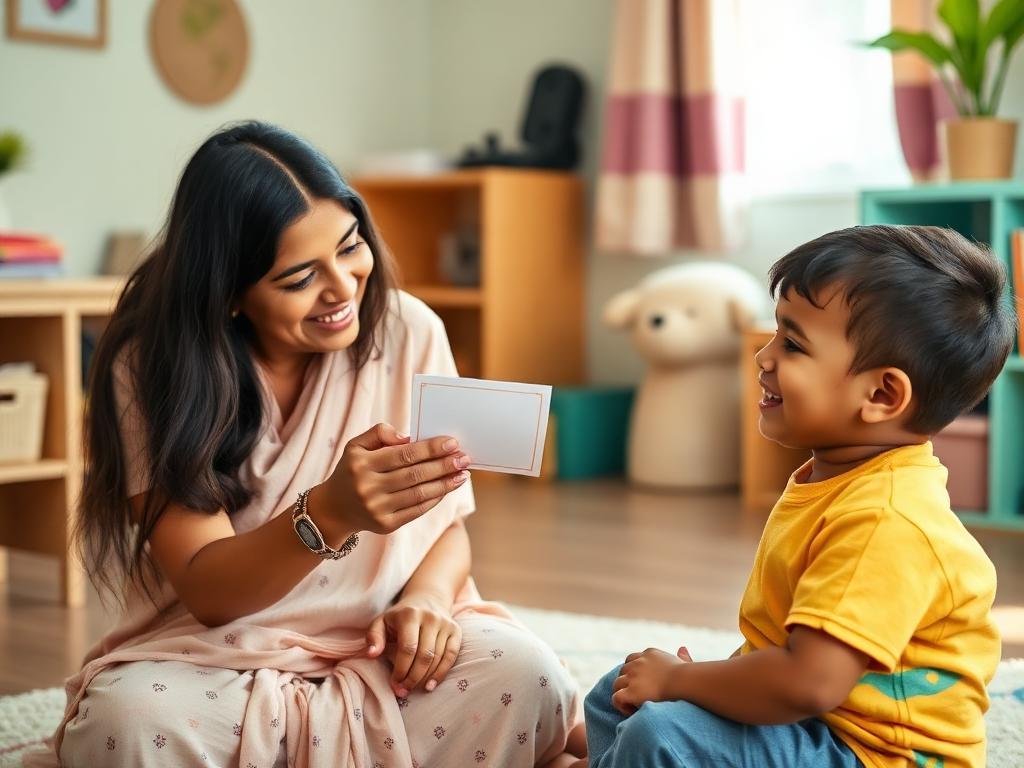 Special educator using flashcards with a child
